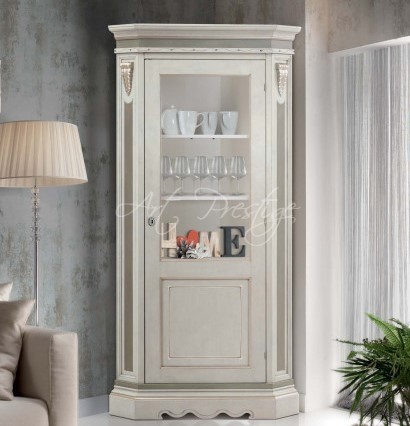 MOBILI 2G - Vetrina Angolo Shabby In Legno Massello 1 Porta Avorio /Argento L. 76 P. 76 H. 215