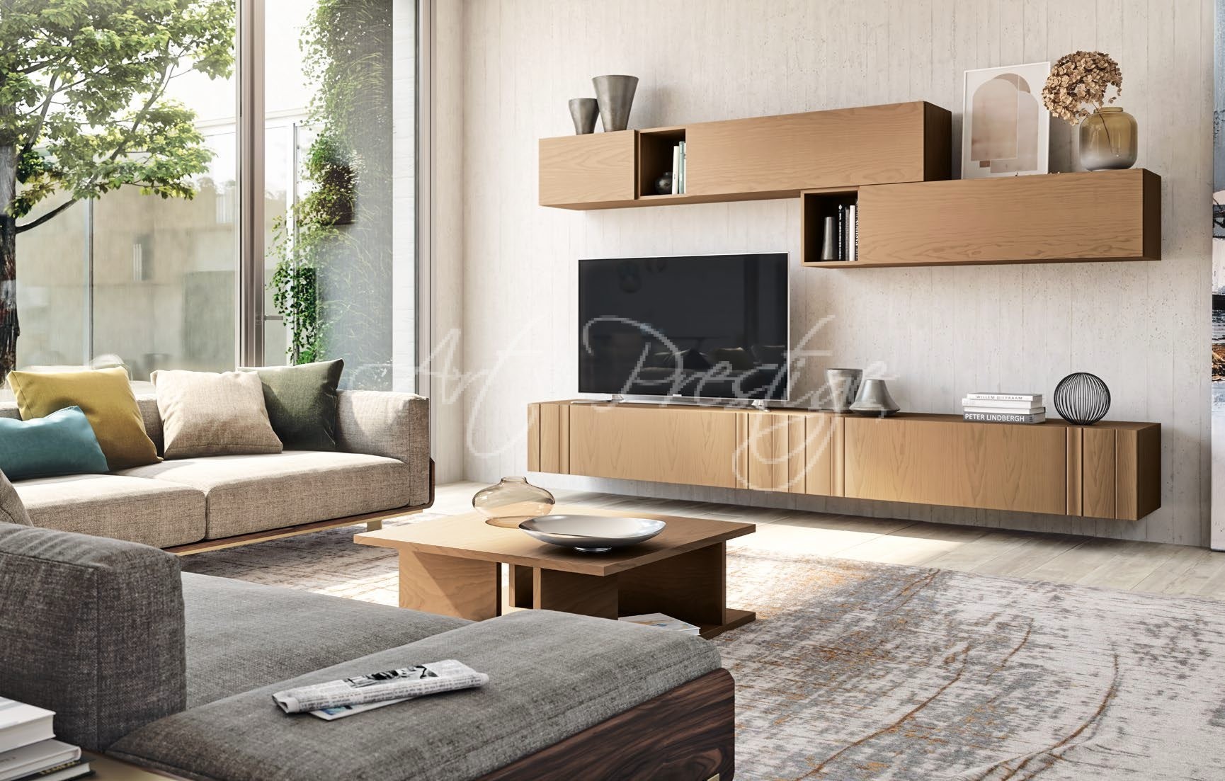 Modular 1 Wall TV stand in wood with clay-colored table