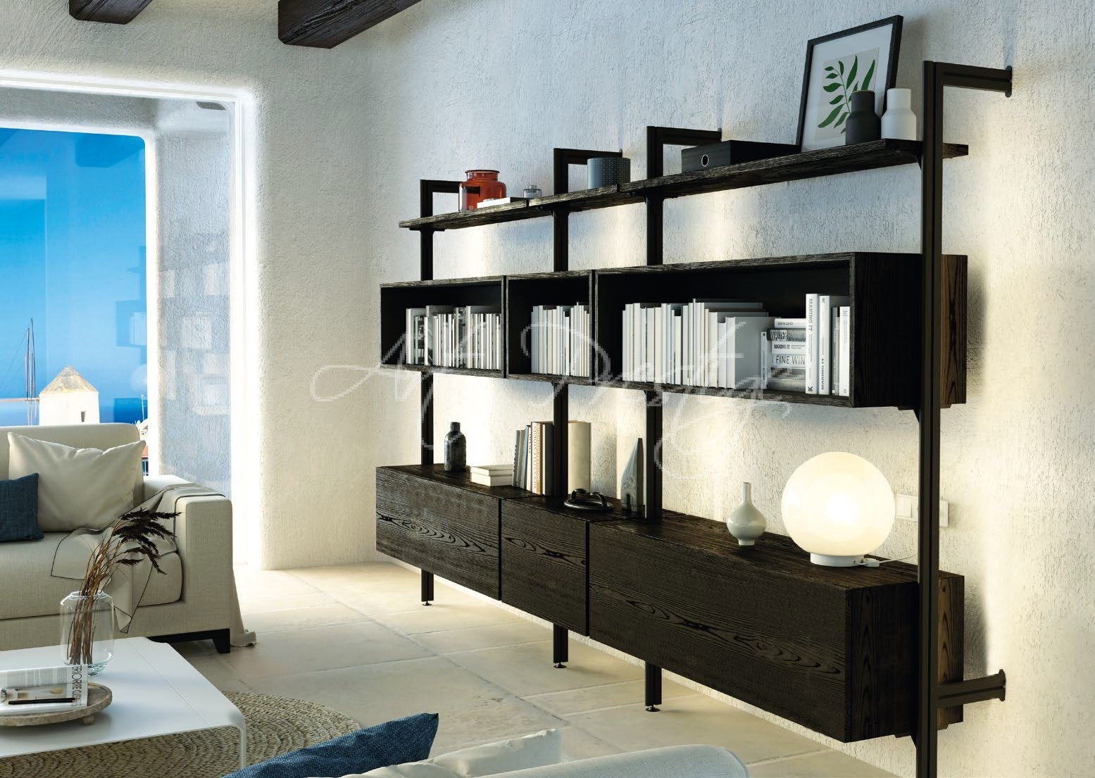 Bookcase 2 composition in ash and aluminum with dark brown finish